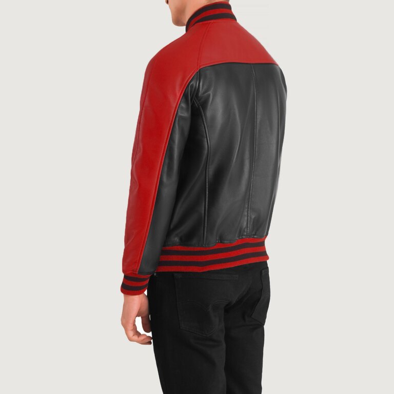 Mens Terrance Black & Red Leather Varsity Jacket Tilted Back-8-1704122599566